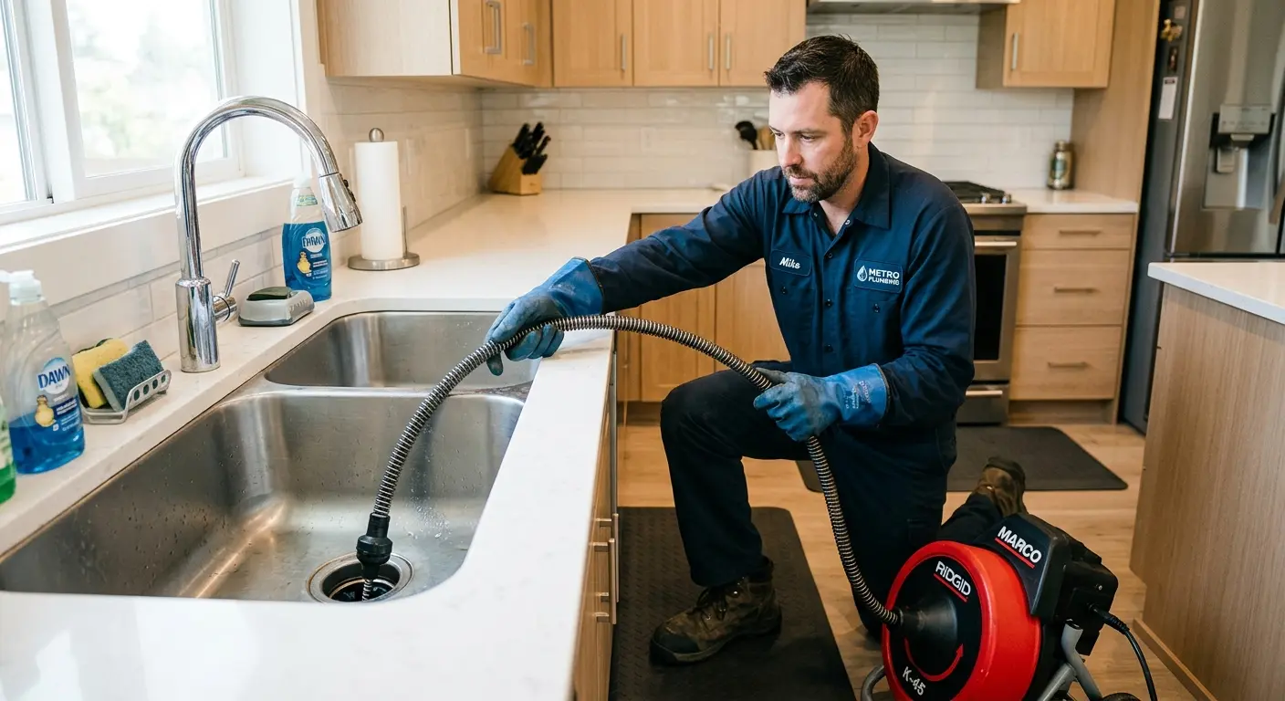 Drain cleaning technician using a motorized snake on a kitchen sink in Patchogue