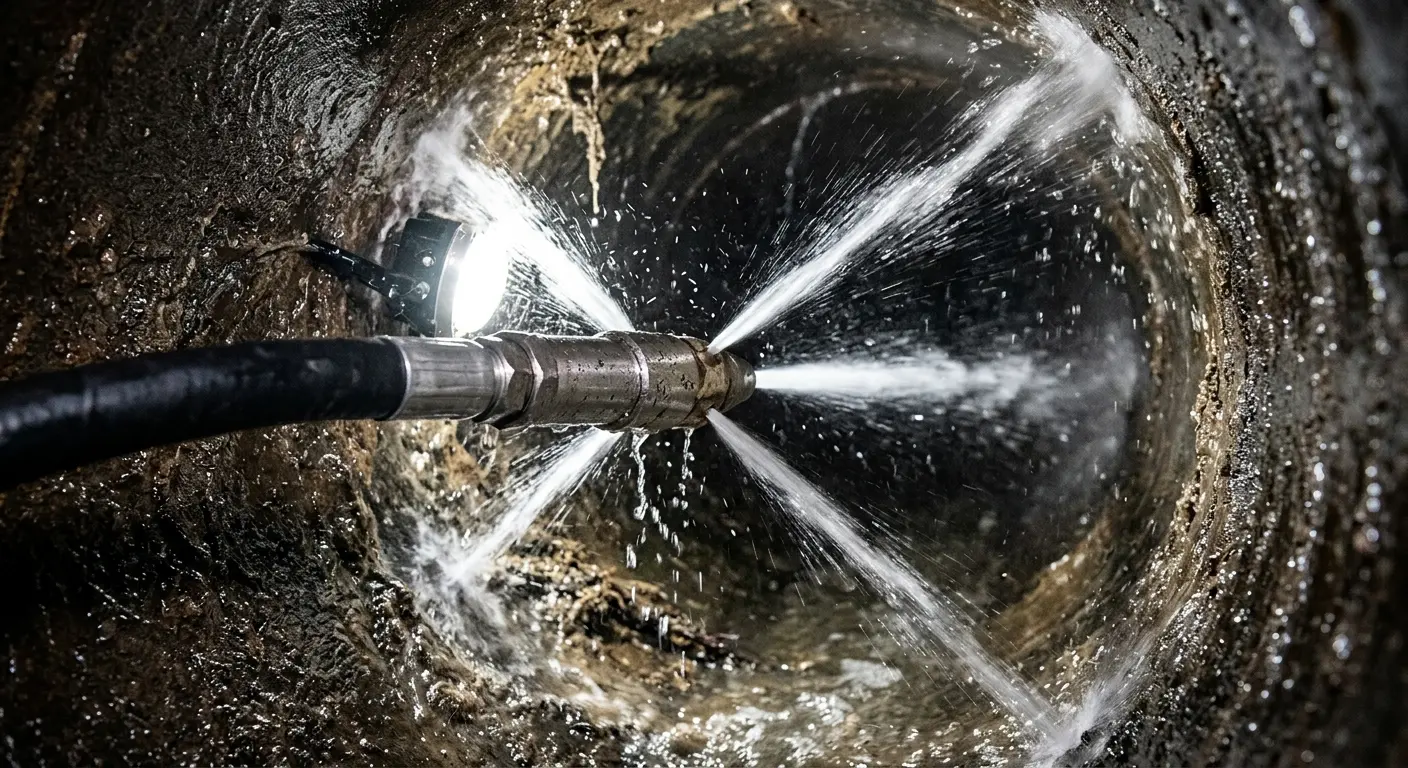 High-pressure hydro jetting nozzle cleaning sewer pipe for Trenchless Sewer Repair in Patchogue