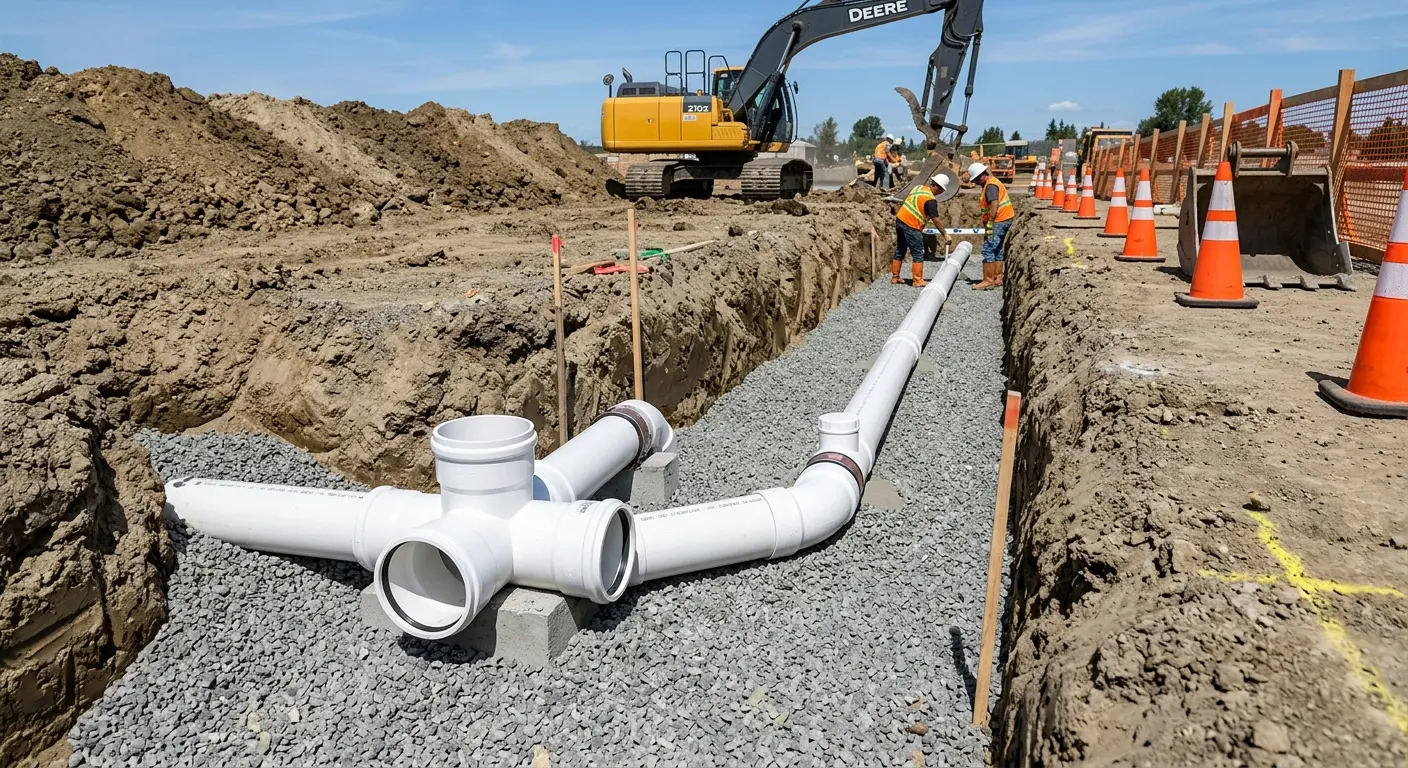 New PVC sewer pipe installation in open trench for Commercial Drain Cleaning in Patchogue