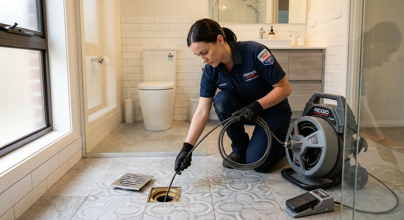 Technician clearing a bathroom floor drain for Clogged Drain Repair in Patchogue